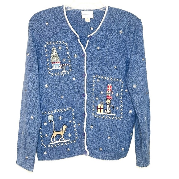 Christopher & Banks Cat Christmas Hand Embroidered Knit Winter Cardigan Large - Picture 1 of 8